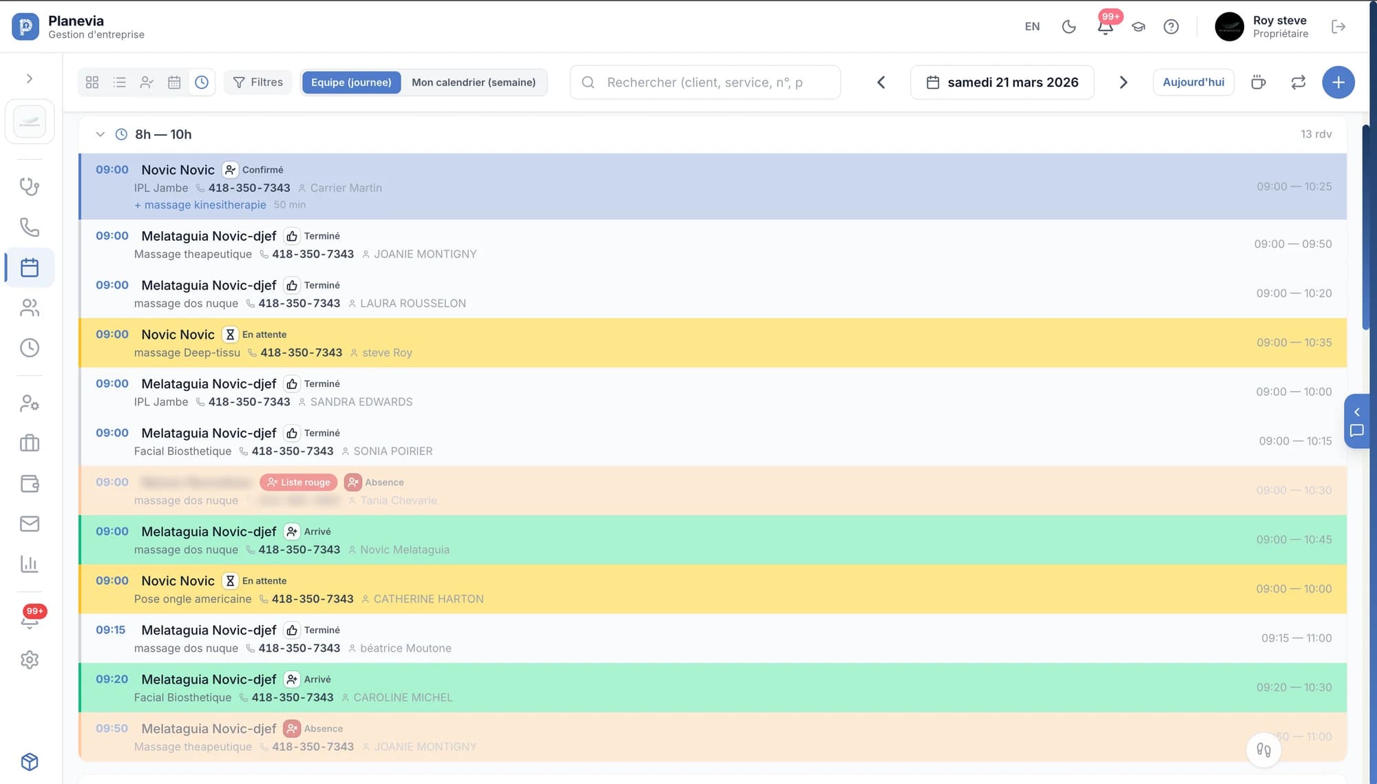 La vue liste du calendrier Planevia, rendez-vous regroupés par tranche horaire avec leur statut