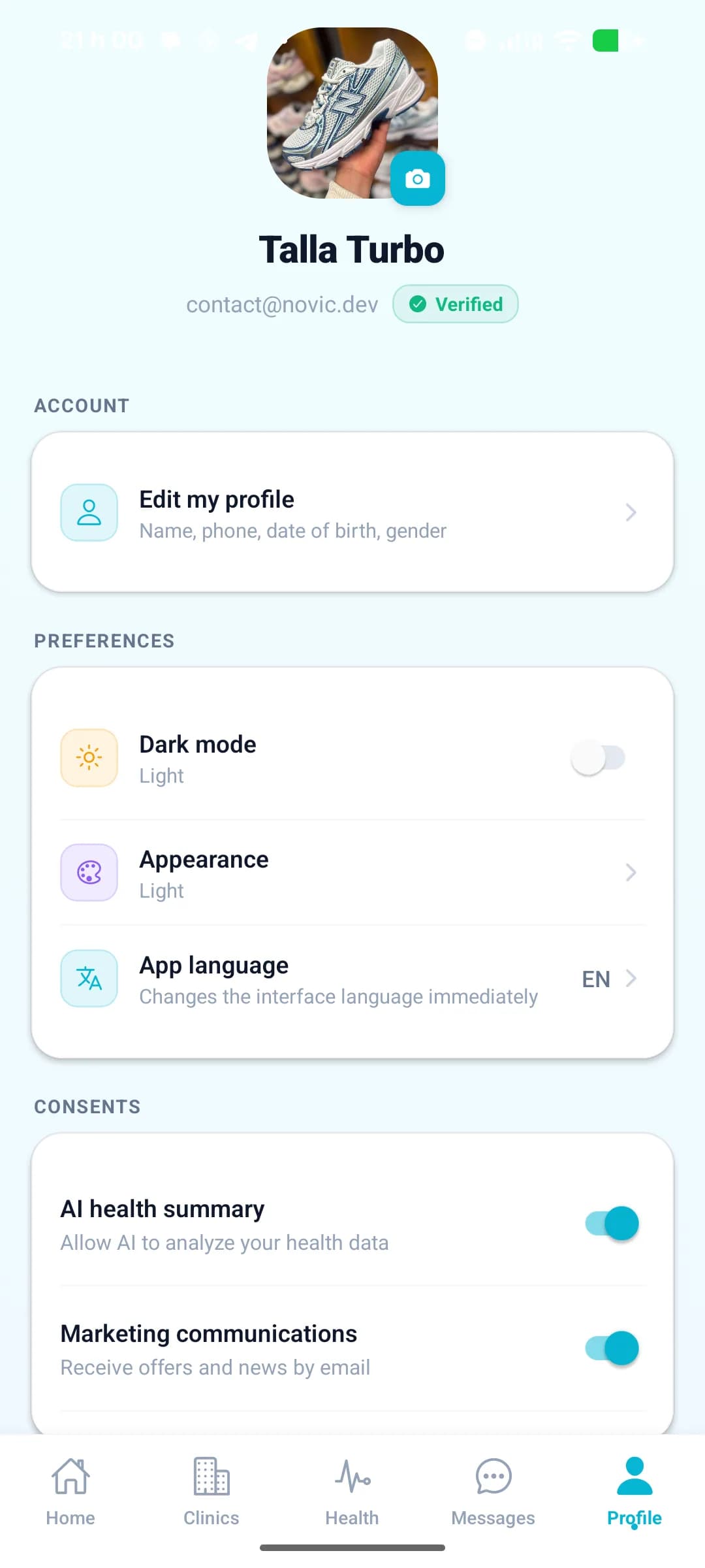 Écran de profil Planevia en mode clair