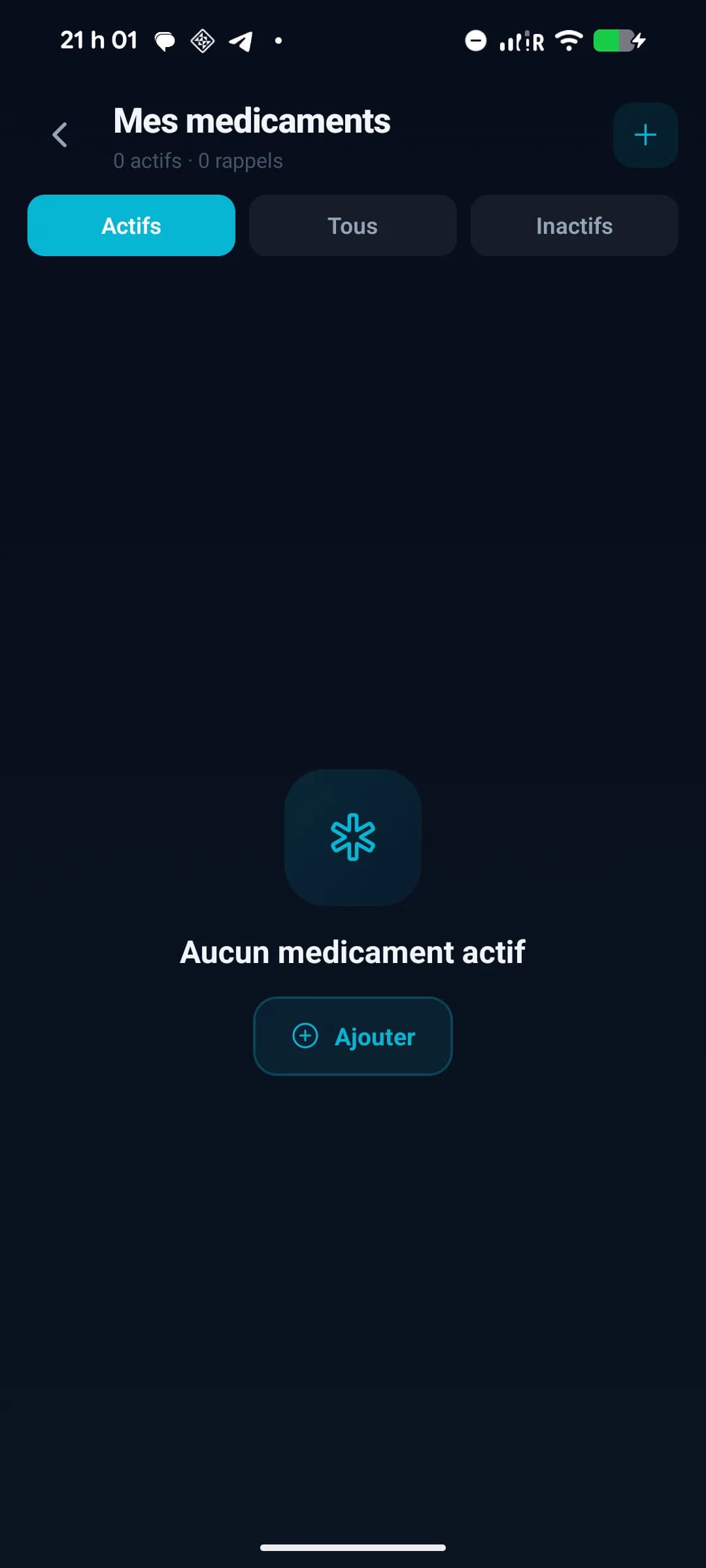 Liste des médicaments dans Planevia avec onglets actifs / tous / inactifs