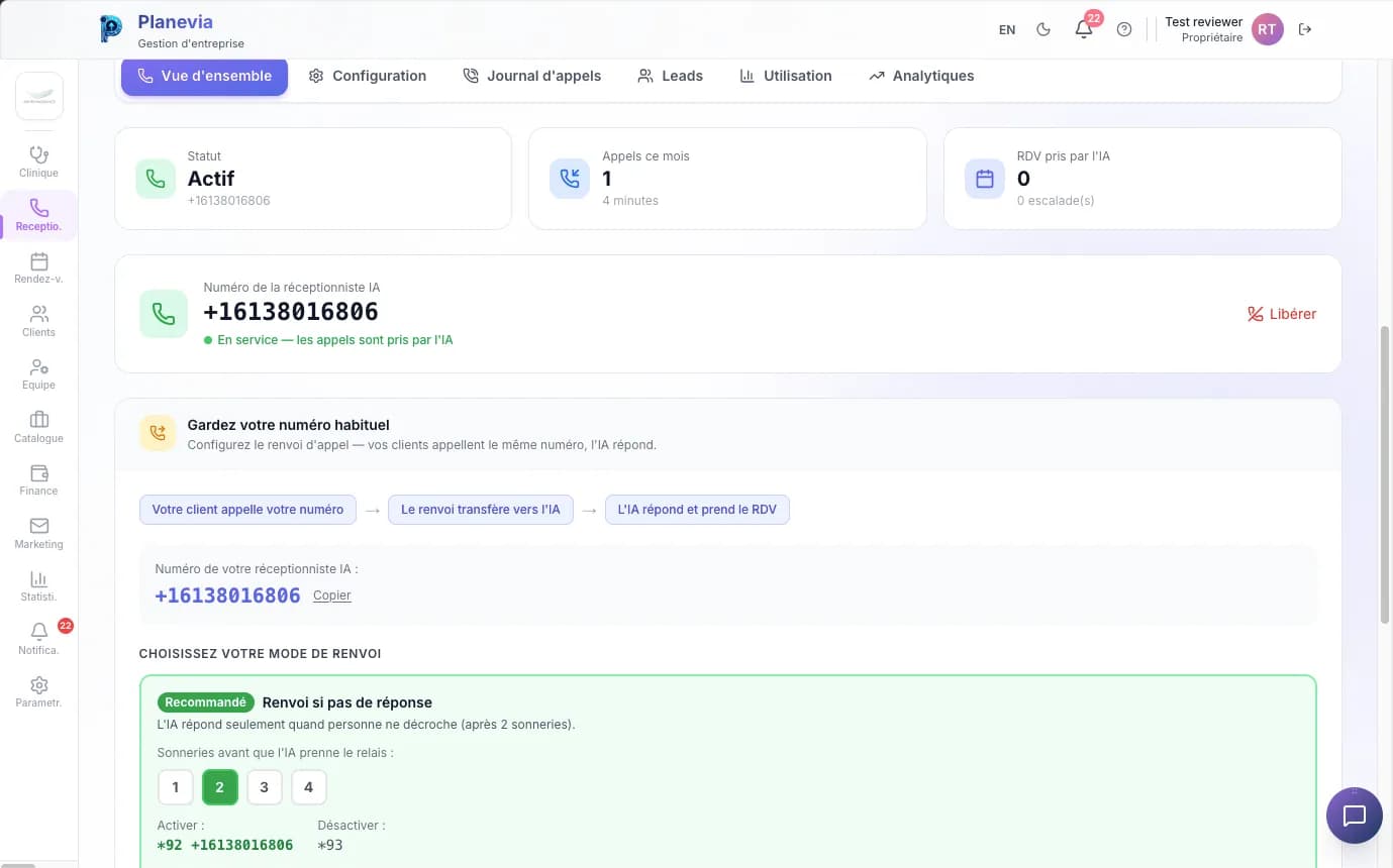 Configuration du renvoi d’appel : numéro de la réceptionniste IA, statut Actif, codes *92 et *93, mode recommandé « Renvoi si pas de réponse » avec choix de 1 à 4 sonneries