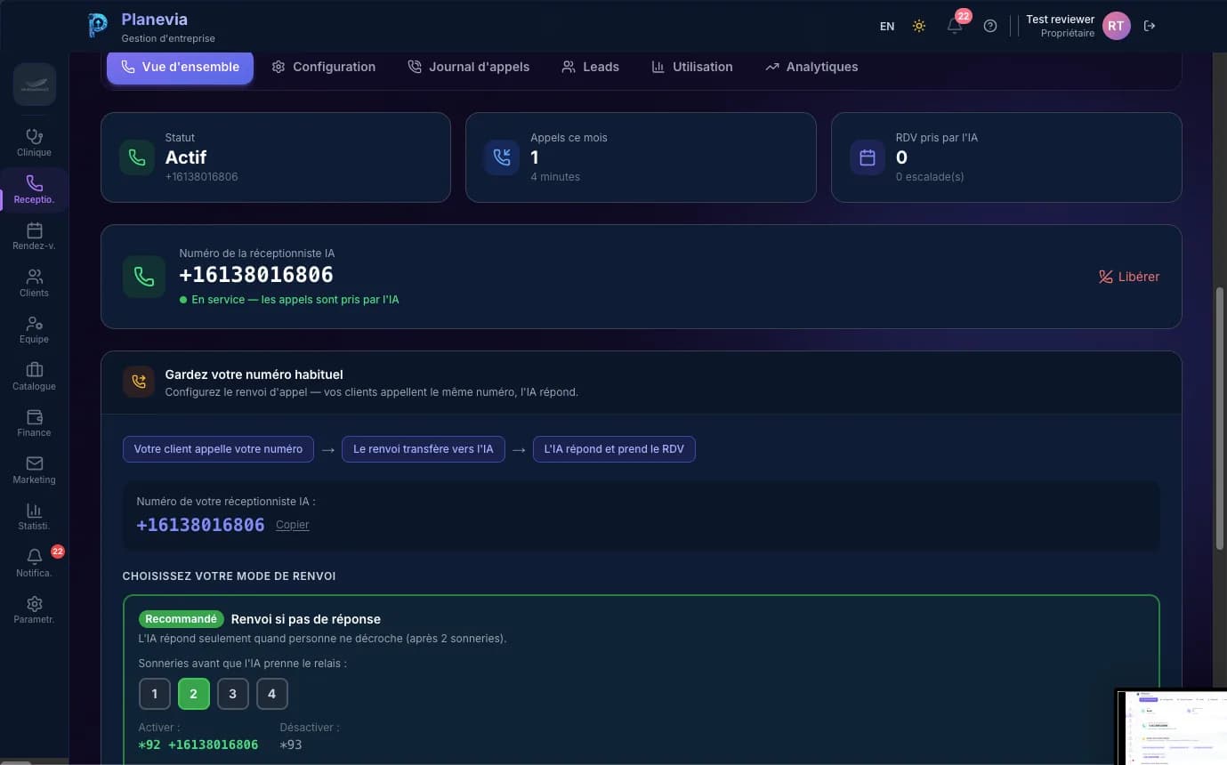 Configuration du renvoi d’appel : numéro de la réceptionniste IA, statut Actif, codes *92 et *93, mode recommandé « Renvoi si pas de réponse » avec choix de 1 à 4 sonneries