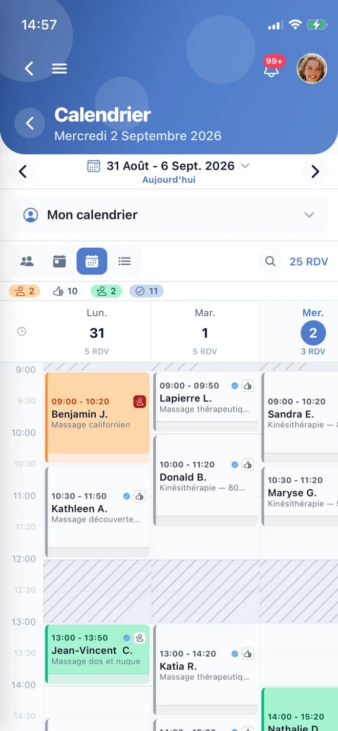 Capture de l’application Planevia : l’agenda de la semaine, trois jours visibles, avec les rendez-vous et la pause du midi.