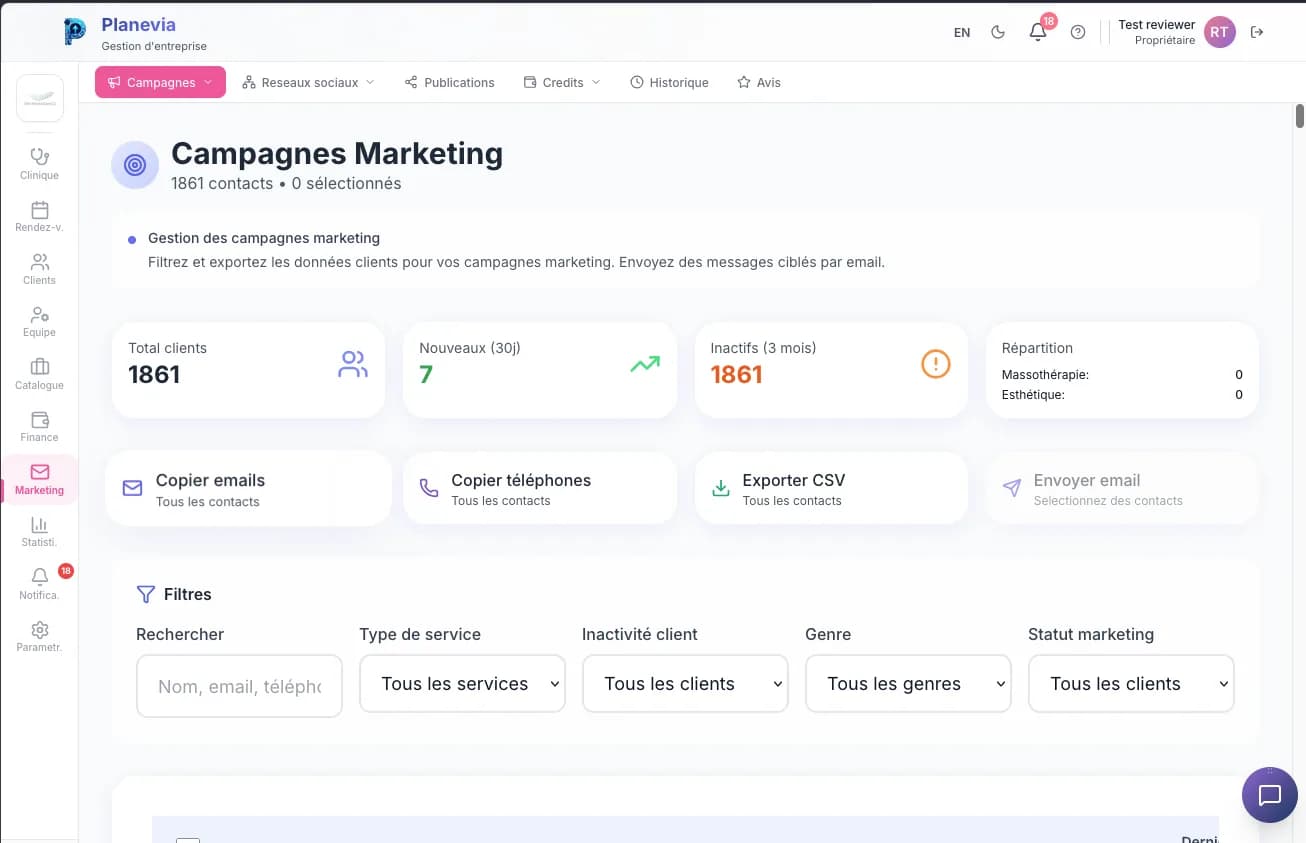 L’écran Campagnes marketing de Planevia : nombre de contacts, filtres par service, inactivité, genre et statut marketing