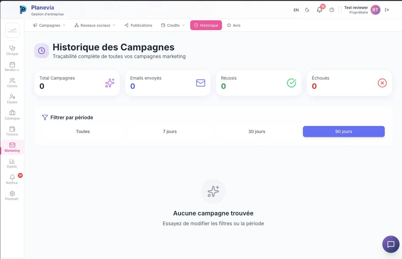 L’historique des campagnes marketing dans Planevia, avec le filtre par période