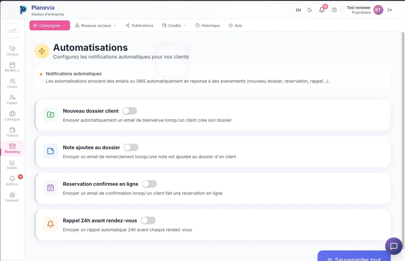 Les automatisations de Planevia : notifications automatiques pour un nouveau dossier, une note, une réservation en ligne et le rappel 24 h