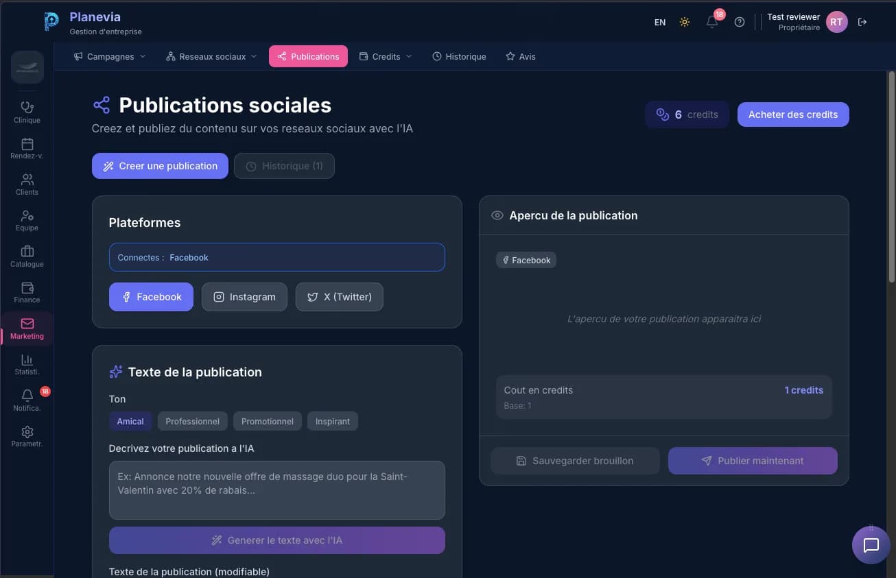 La création d’une publication sociale dans Planevia : plateformes, ton, texte généré par IA et aperçu