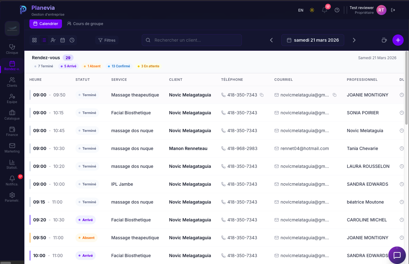 Vue liste rendez-vous Planevia