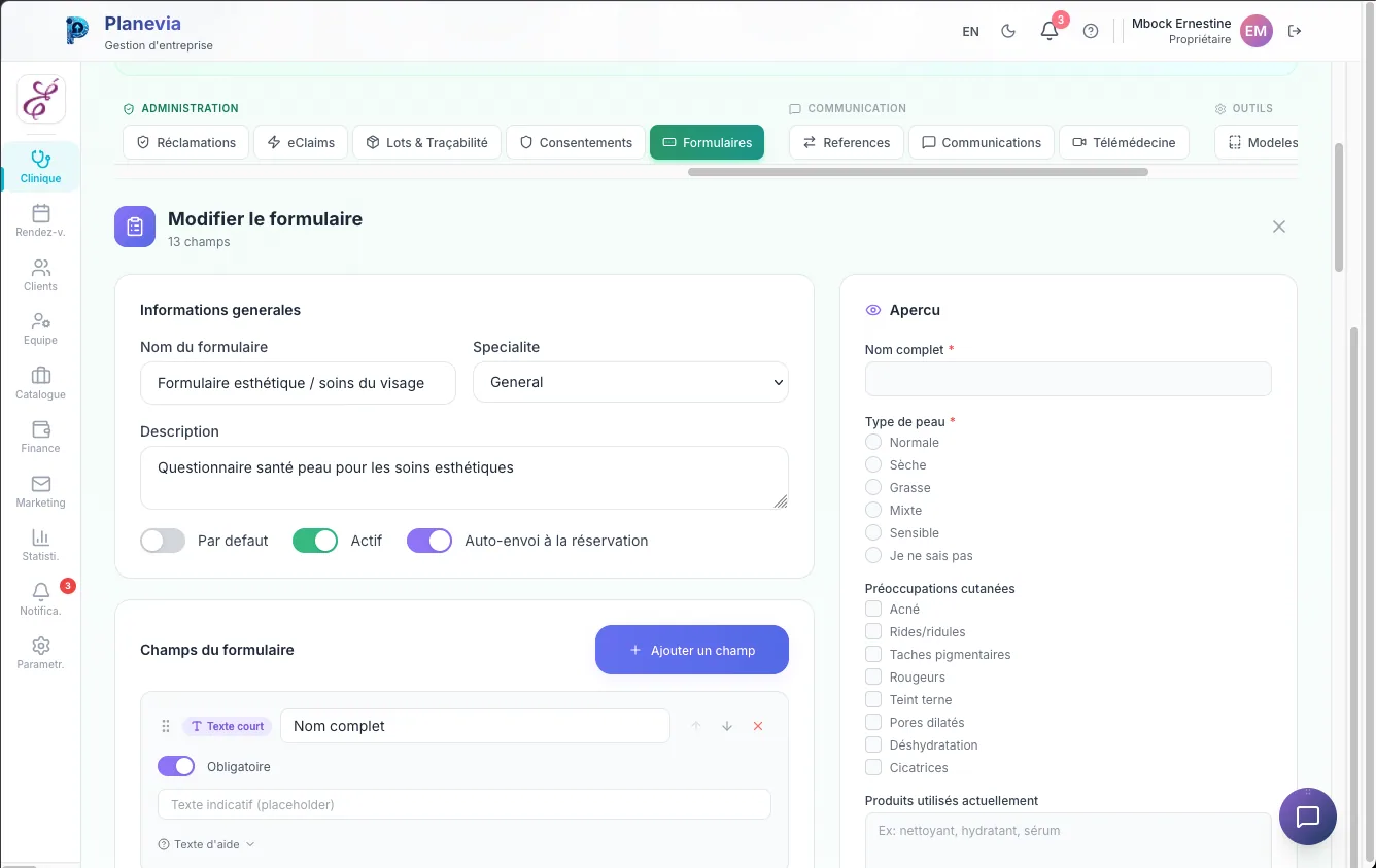 Editeur de formulaire Planevia