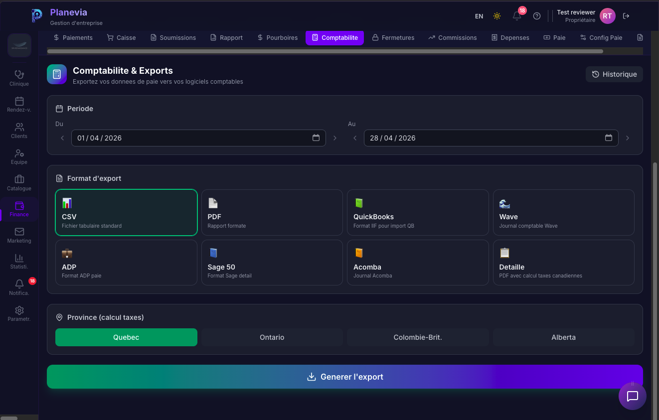 Comptabilite et exports Planevia (QuickBooks, Sage, Acomba)