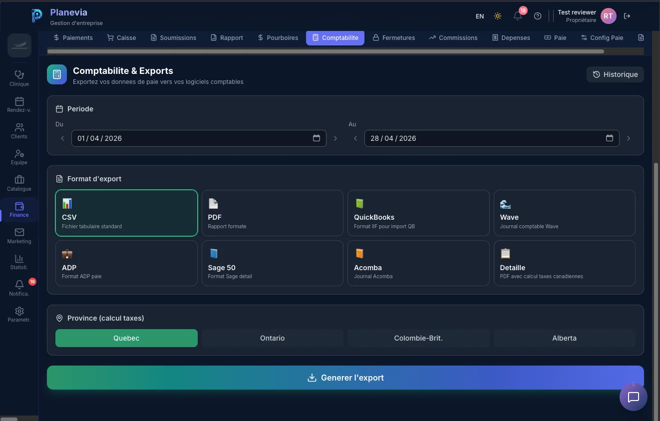 Exports comptables Planevia vers QuickBooks, Sage 50, Acomba et Wave