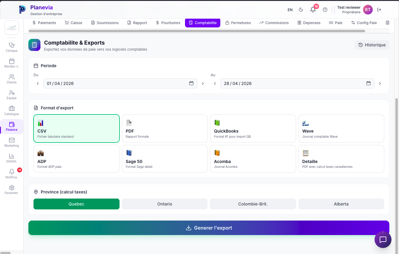 Comptabilite et exports Planevia (QuickBooks, Sage, Acomba)