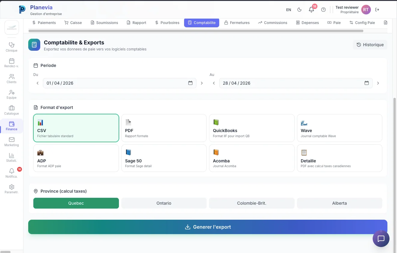 Exports comptables Planevia vers QuickBooks, Sage 50, Acomba et Wave