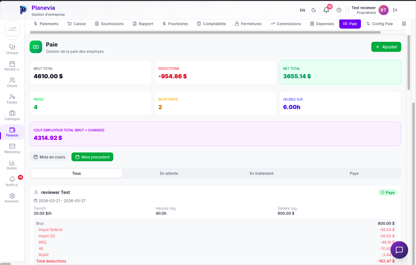 Module Paie Planevia avec deductions et net total
