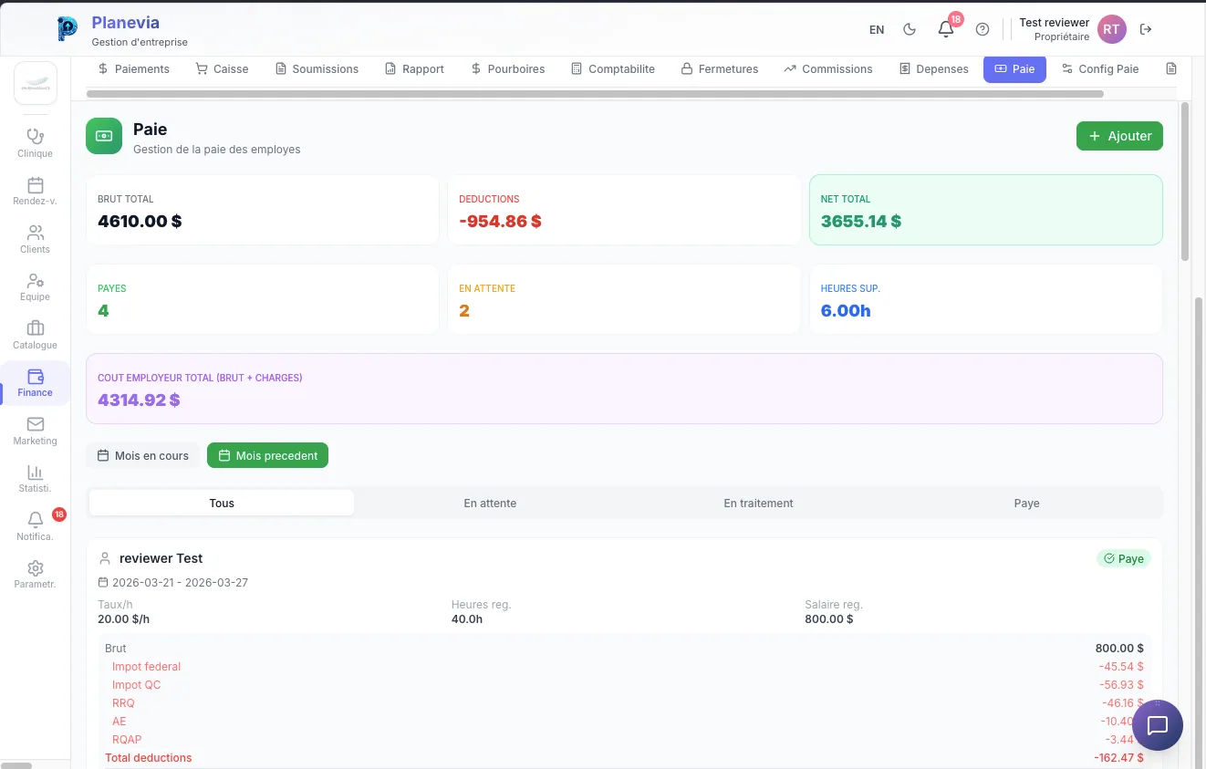 Module Paie Planevia avec deductions et net total