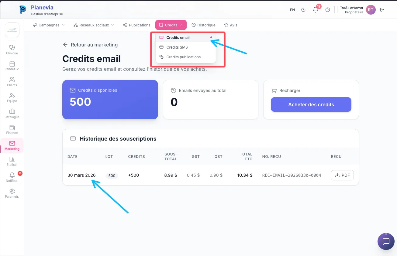 Credits email Planevia