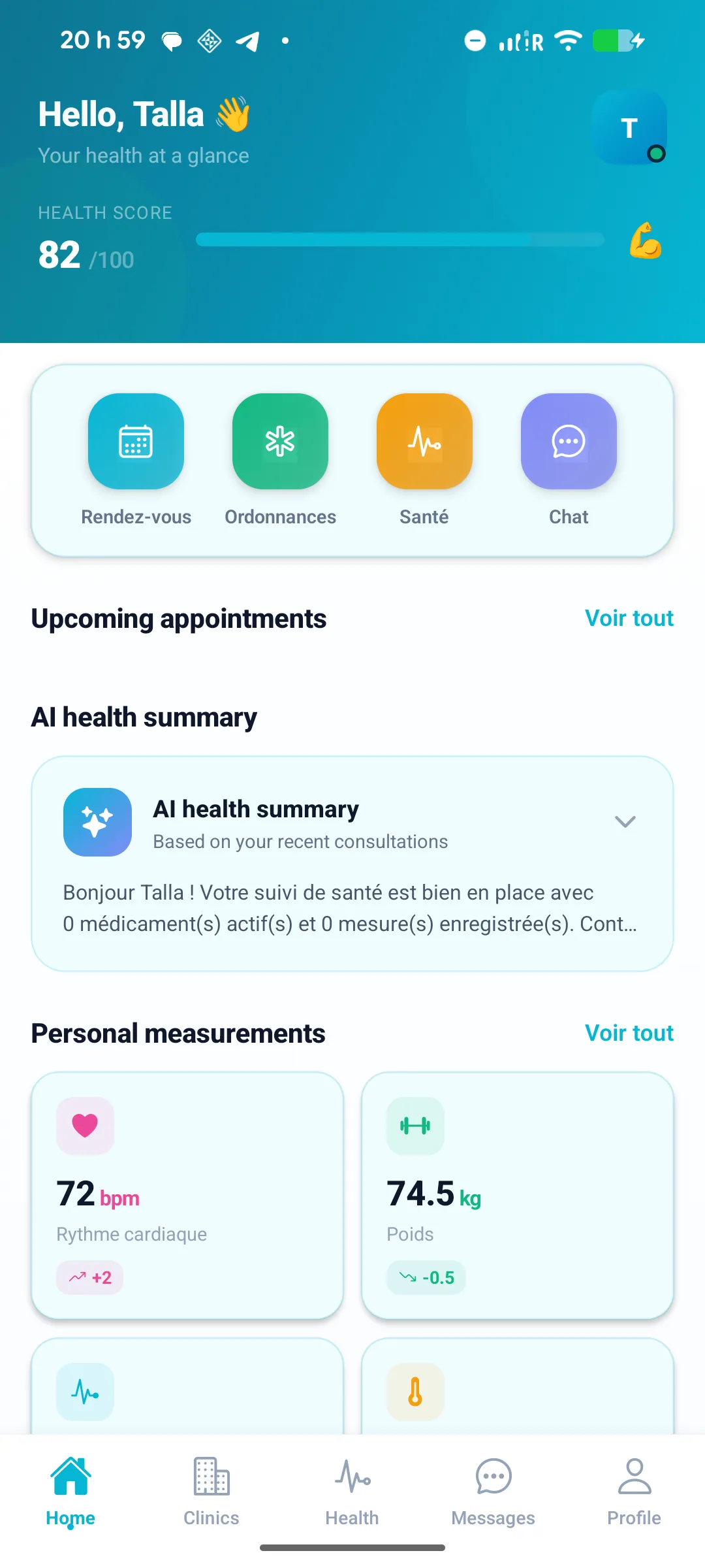 Tableau de bord de l'application patient Planevia