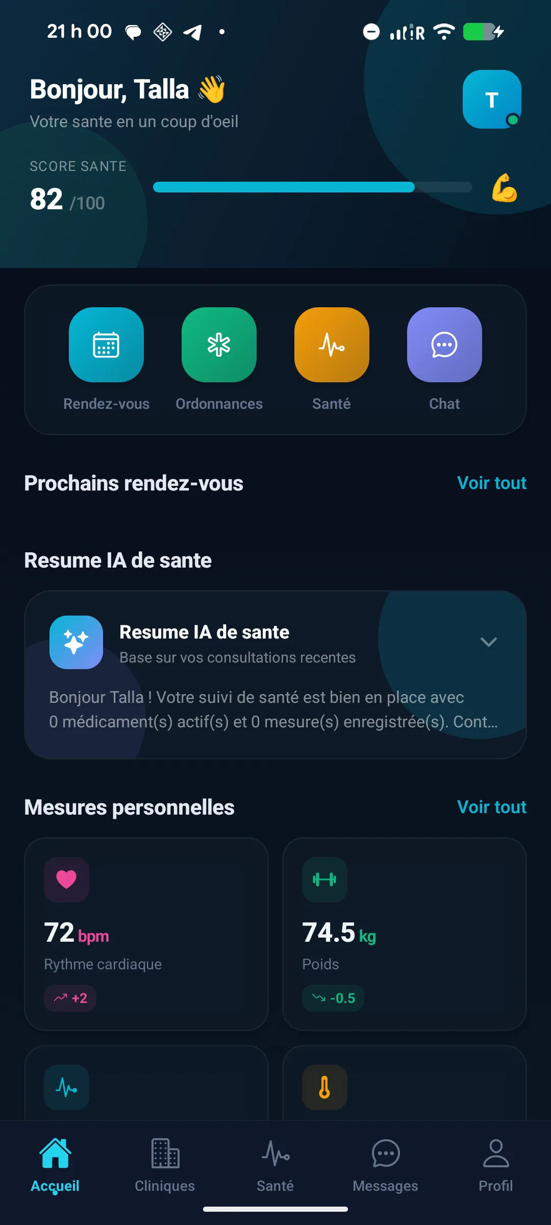 Tableau de bord de l'application patient Planevia