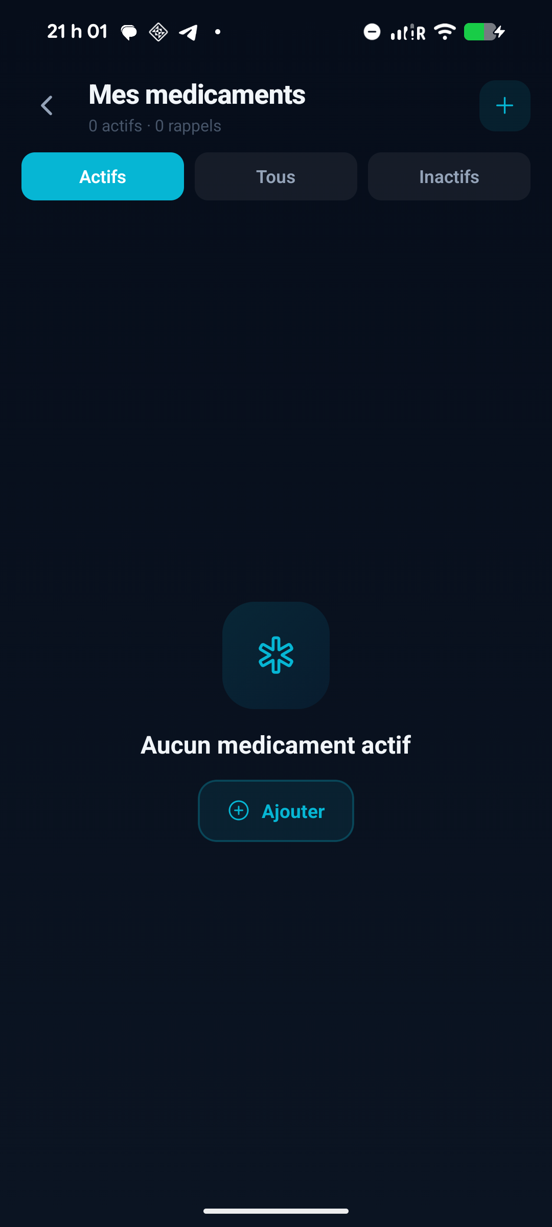 Liste des medicaments dans Planevia avec onglets actifs / tous / inactifs