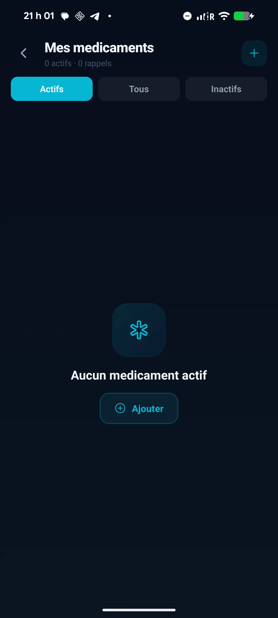 Liste des medicaments dans Planevia avec onglets actifs / tous / inactifs