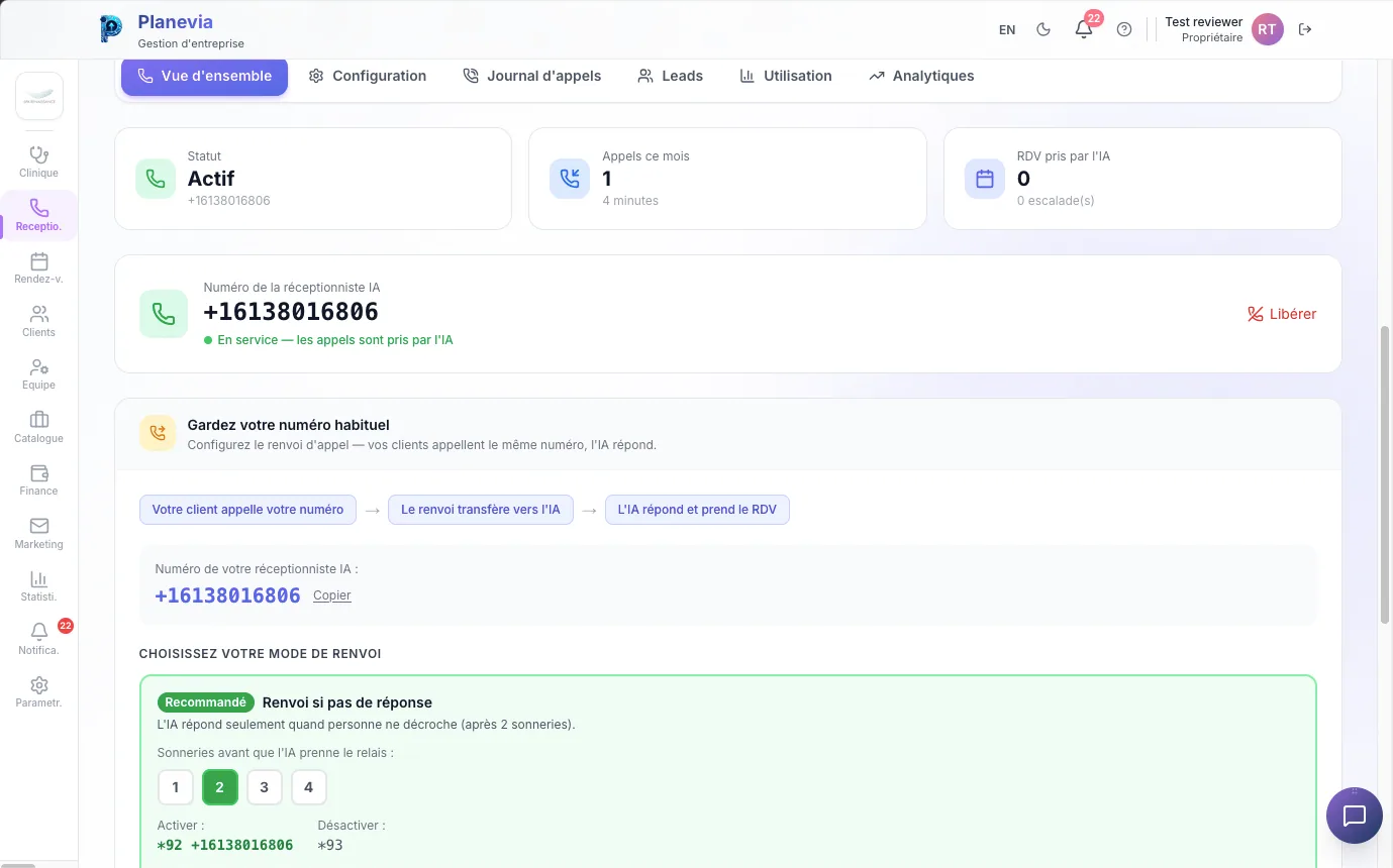 Configuration de la Receptionniste IA Planevia avec numero dedie +1 613 801 6806, statut Actif, etapes de renvoi *92 et *93, choix du mode recommande 'Renvoi si pas de reponse' avec 1 a 4 sonneries