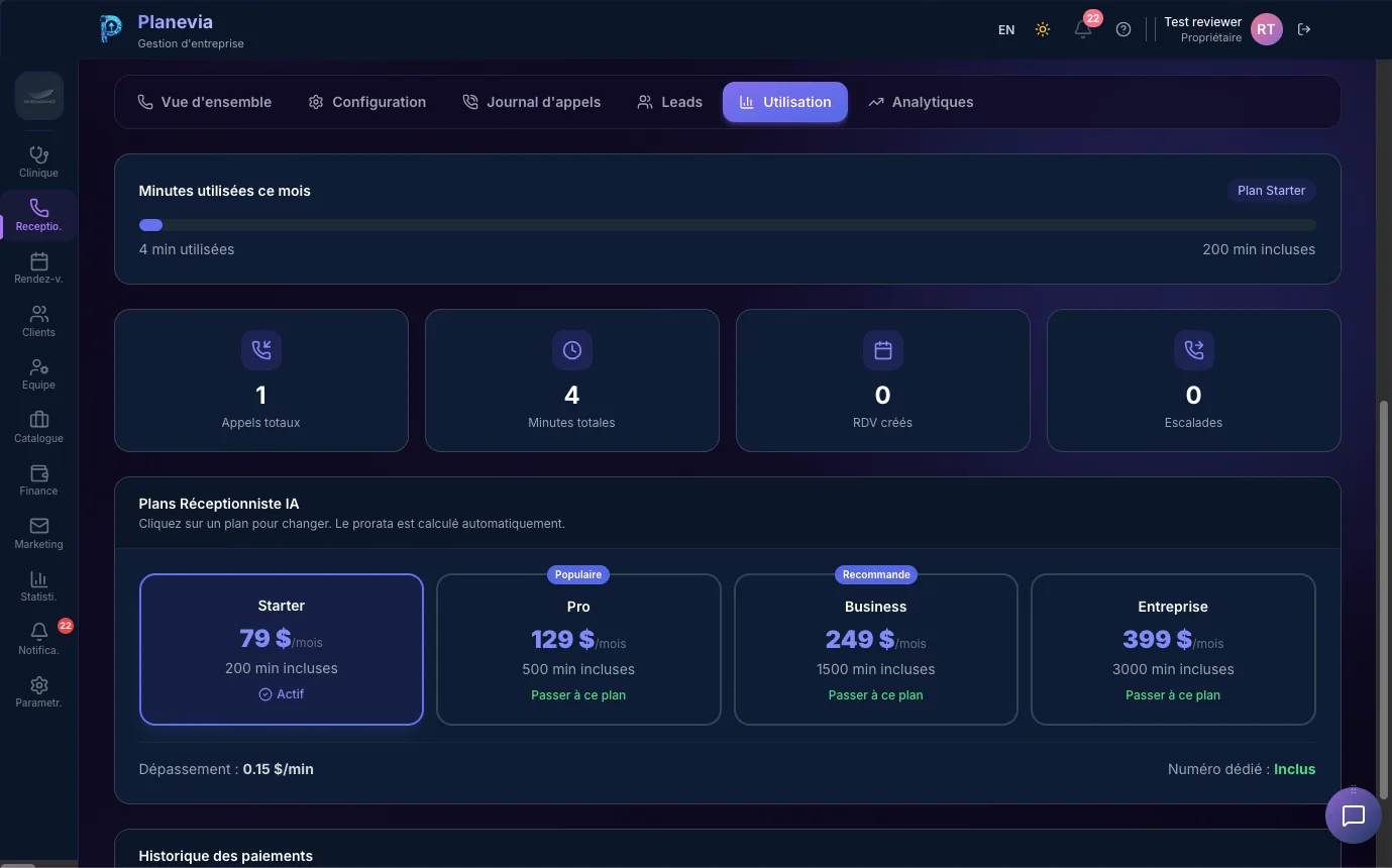 Page Utilisation avec minutes utilisees, plans Starter Pro Business Entreprise